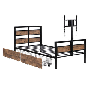 English Elm Twin Twin Size Metal Platform Bed with MDF Headboard, 2 Underbed Storage Drawers & Rotating TV Mount, Black - Low-Profile Modern Design WF309871AAB