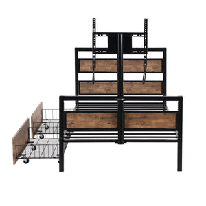 English Elm Twin Twin Size Metal Platform Bed with MDF Headboard, 2 Underbed Storage Drawers & Rotating TV Mount, Black - Low-Profile Modern Design WF309871AAB