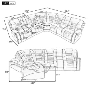 English Elm 112.2" Manual Reclining Sectional Sofa Set L Shaped Symmetrical Motion Sofa Corner Couch Sets With Storage Boxes, 4 Cup Holders and Led Light Strip For Living Room, Brown