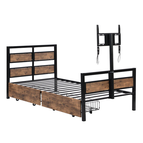 English Elm Twin Twin Size Metal Platform Bed with MDF Headboard, 2 Underbed Storage Drawers & Rotating TV Mount, Black - Low-Profile Modern Design WF309871AAB