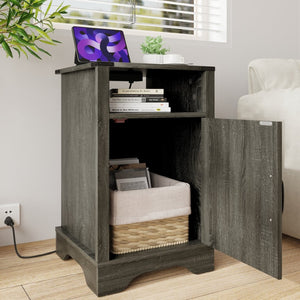 English Elm Farmhouse Rustic Nightstand Set of 2 with Built-in Charging Station and Open Display Shelf Dark Grey B082134936