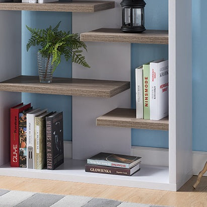 English Elm Modern Mid Century Display Cabinet with 8 Open Shelves, Two-Tone White & Dark Taupe, Stylish Storage and Decor Showcase B107P373711