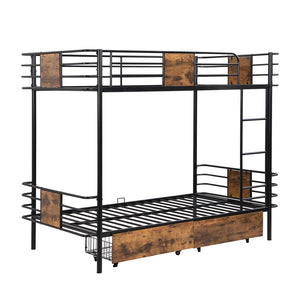 English Elm Twin XL over Twin XL Metal Bunk Bed with Full-Length Guardrails, Sturdy Ladder & Built-In Drawers Black GX001123AAB