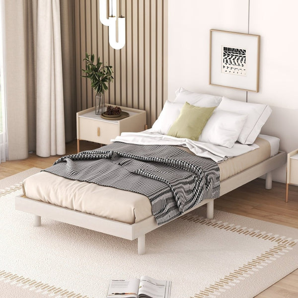 English Elm Modern Floating Twin Platform Bed Rubberwood Legs Low Profile Minimalist Frame White Washed W697123288