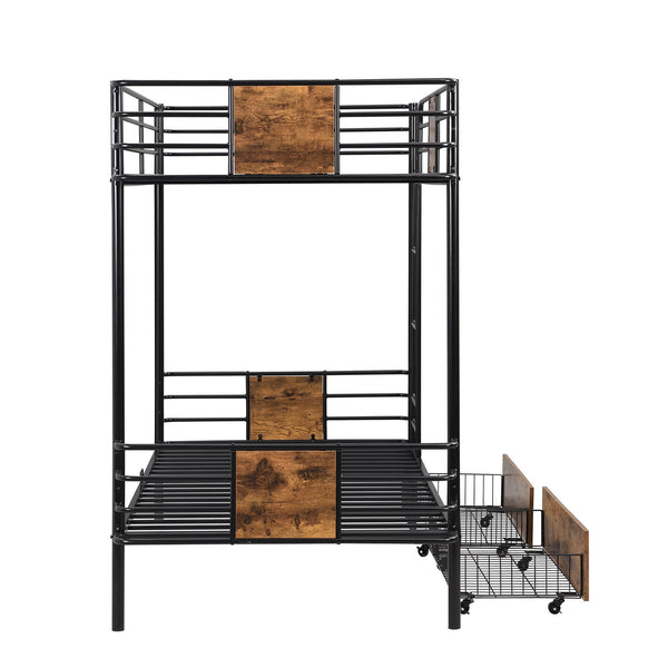 English Elm Twin XL over Twin XL Metal Bunk Bed with Full-Length Guardrails, Sturdy Ladder & Built-In Drawers Black GX001123AAB