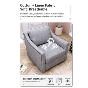 English Elm 360 Swivel Barrel Armchair Cotton Linen Upholstery Brass Nailhead Trim Living Room Grey W2113127543