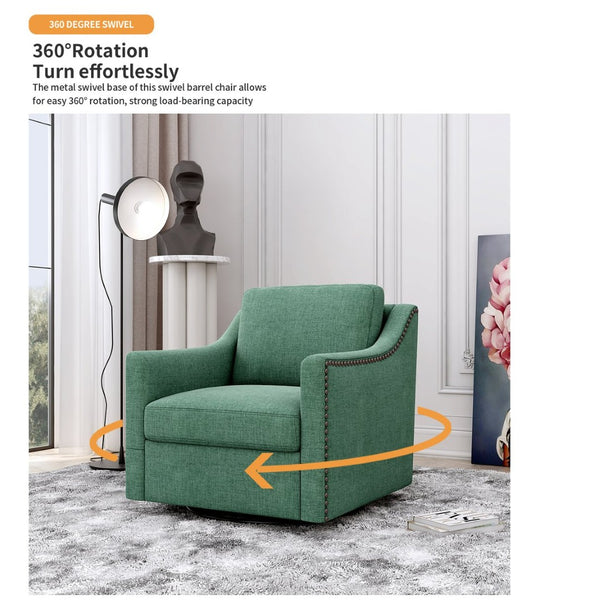 English Elm 360 Swivel Barrel Armchair Cotton Linen Upholstery Brass Nailhead Trim Living Room W2113127462