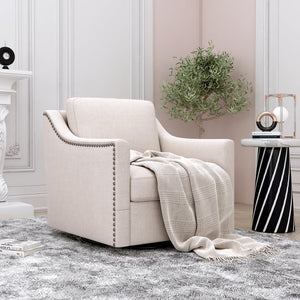 English Elm 360 Swivel Barrel Armchair Cotton Linen Upholstery Brass Nailhead Trim Living Room White W2113127539