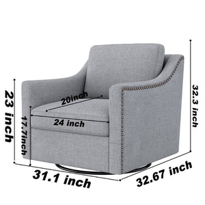 English Elm 360 Swivel Barrel Armchair Cotton Linen Upholstery Brass Nailhead Trim Living Room Grey W2113127543