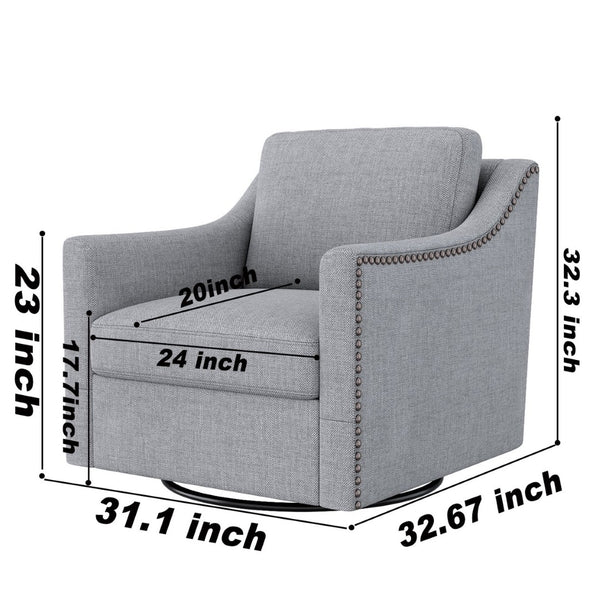 English Elm 360 Swivel Barrel Armchair Cotton Linen Upholstery Brass Nailhead Trim Living Room Grey W2113127543