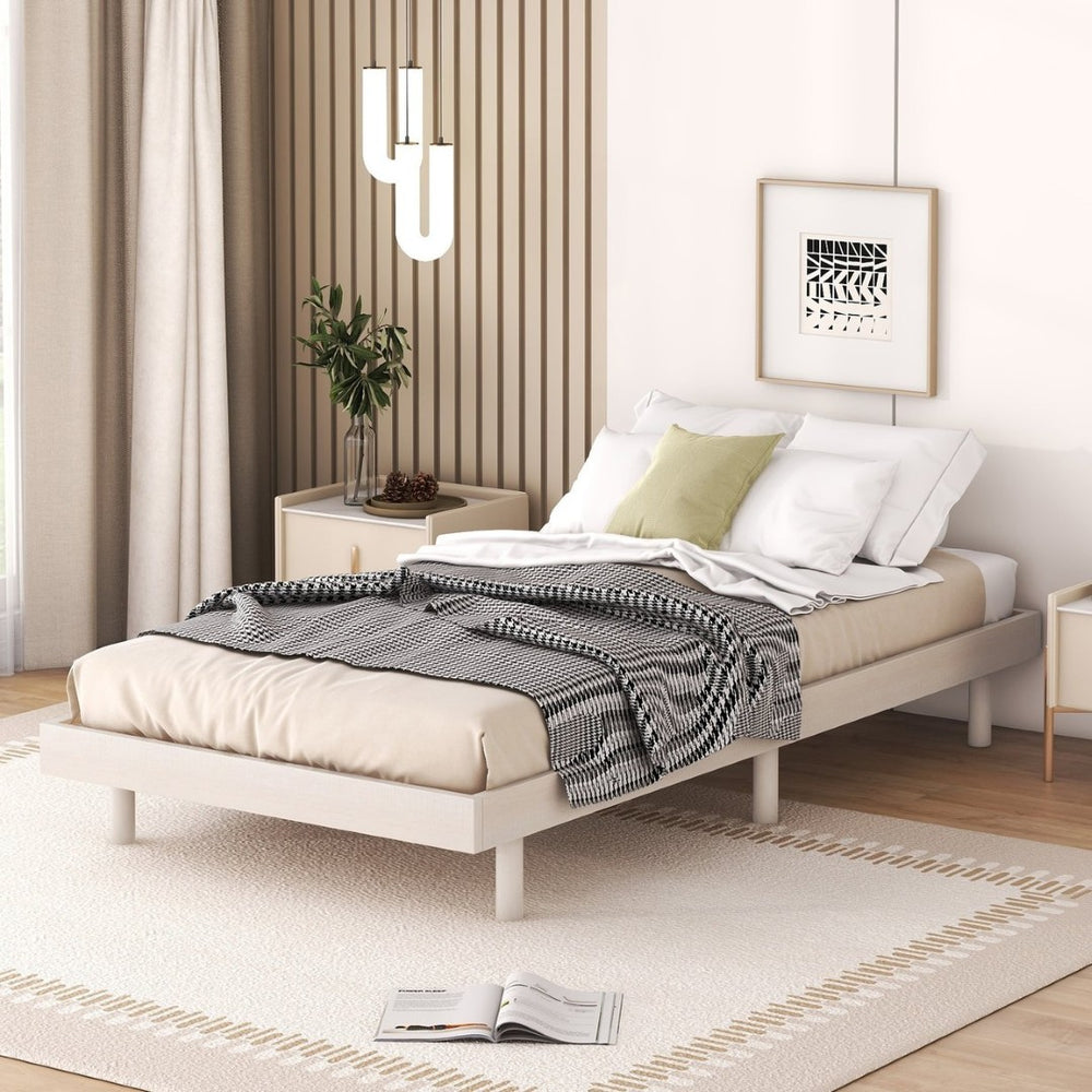 English Elm Modern Floating Twin Platform Bed Rubberwood Legs Low Profile Minimalist Frame White Washed W697123288