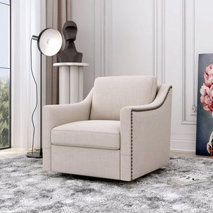English Elm 360 Swivel Barrel Armchair Cotton Linen Upholstery Brass Nailhead Trim Living Room White W2113127539