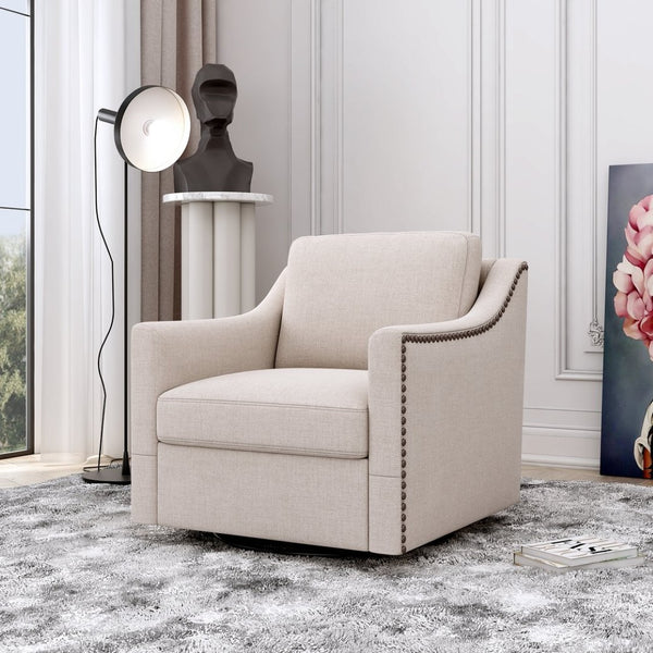 English Elm 360 Swivel Barrel Armchair Cotton Linen Upholstery Brass Nailhead Trim Living Room White W2113127539