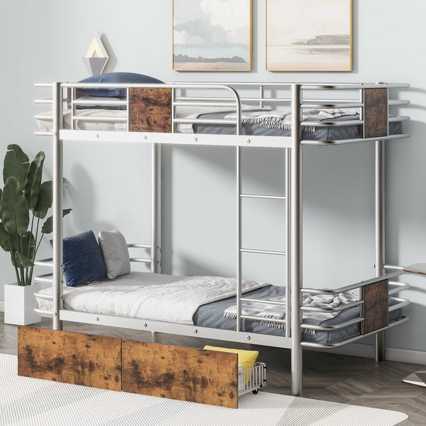 English Elm Twin XL over Twin XL Metal Bunk Bed with Full-Length Guardrails, Sturdy Ladder & Built-In Drawers Silver GX001123AAN