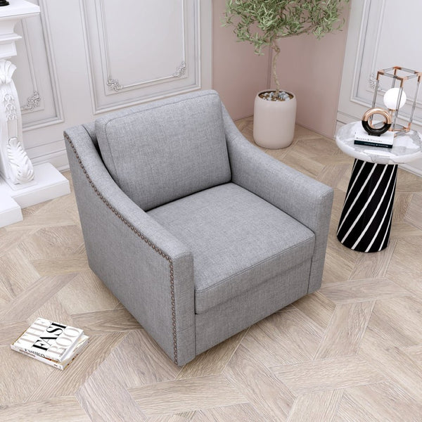 English Elm 360 Swivel Barrel Armchair Cotton Linen Upholstery Brass Nailhead Trim Living Room Grey W2113127543