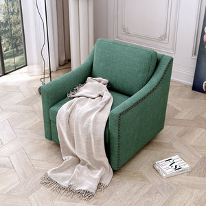 English Elm 360 Swivel Barrel Armchair Cotton Linen Upholstery Brass Nailhead Trim Living Room W2113127462