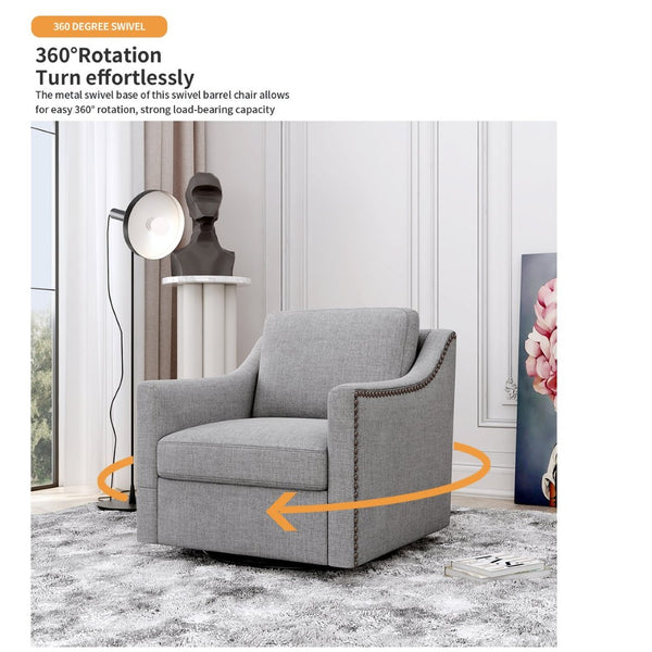 English Elm 360 Swivel Barrel Armchair Cotton Linen Upholstery Brass Nailhead Trim Living Room Grey W2113127543