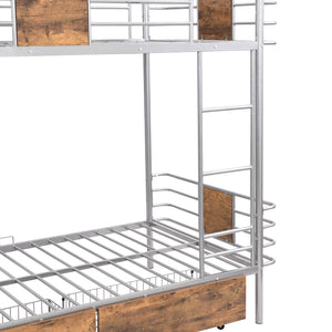 English Elm Twin XL over Twin XL Metal Bunk Bed with Full-Length Guardrails, Sturdy Ladder & Built-In Drawers Silver GX001123AAN