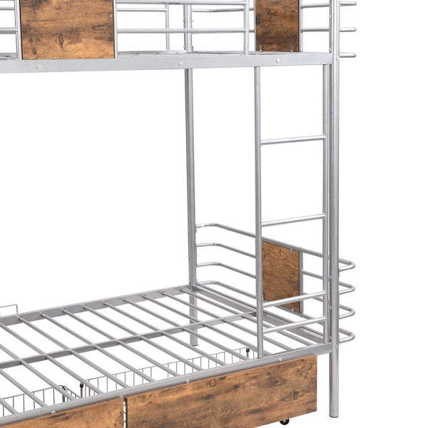 English Elm Twin XL over Twin XL Metal Bunk Bed with Full-Length Guardrails, Sturdy Ladder & Built-In Drawers Silver GX001123AAN