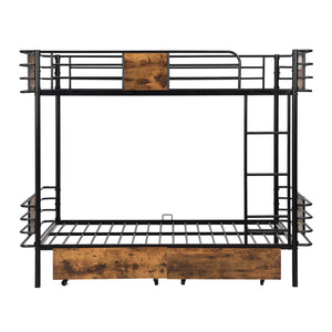 English Elm Twin XL over Twin XL Metal Bunk Bed with Full-Length Guardrails, Sturdy Ladder & Built-In Drawers Black GX001123AAB