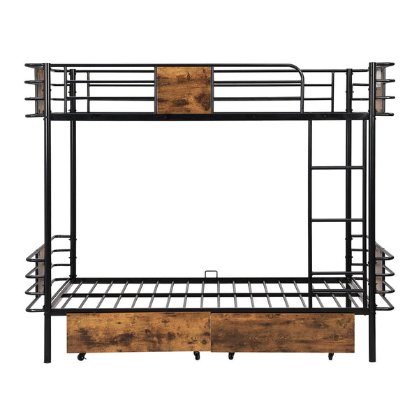 English Elm Twin XL over Twin XL Metal Bunk Bed with Full-Length Guardrails, Sturdy Ladder & Built-In Drawers Black GX001123AAB