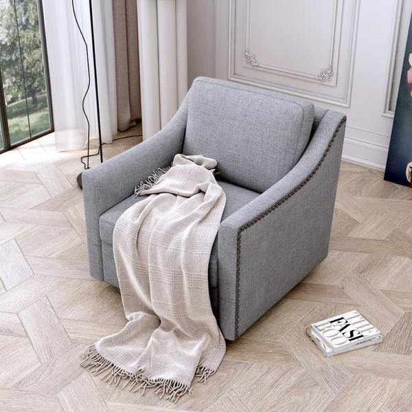 English Elm 360 Swivel Barrel Armchair Cotton Linen Upholstery Brass Nailhead Trim Living Room Grey W2113127543