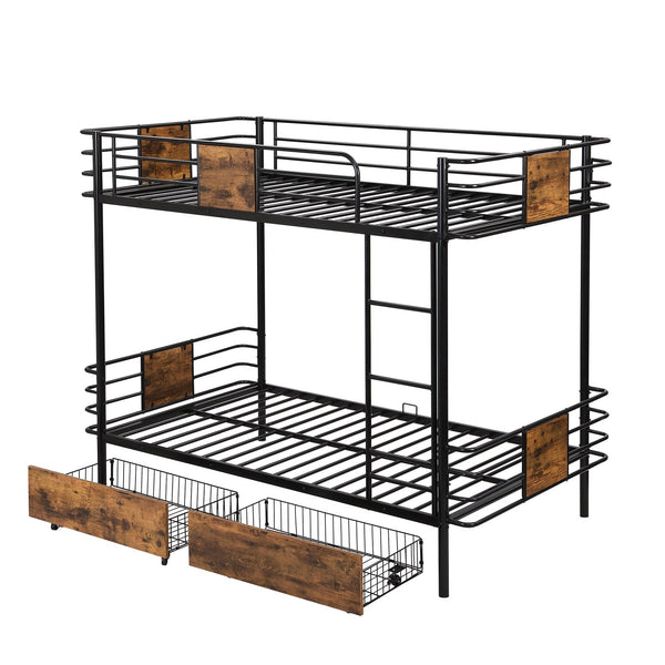 English Elm Twin XL over Twin XL Metal Bunk Bed with Full-Length Guardrails, Sturdy Ladder & Built-In Drawers Black GX001123AAB