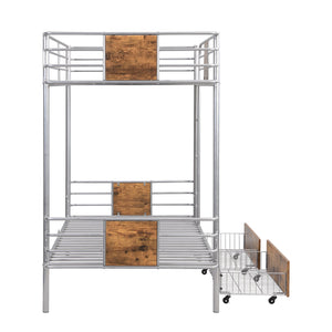 English Elm Twin XL over Twin XL Metal Bunk Bed with Full-Length Guardrails, Sturdy Ladder & Built-In Drawers Silver GX001123AAN