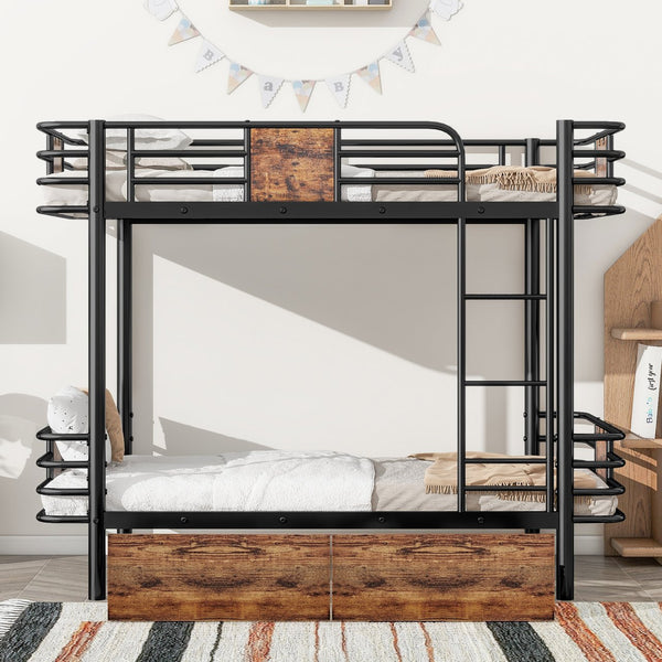 English Elm Twin XL over Twin XL Metal Bunk Bed with Full-Length Guardrails, Sturdy Ladder & Built-In Drawers Black GX001123AAB