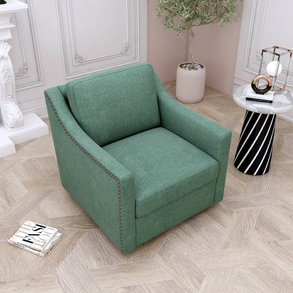 English Elm 360 Swivel Barrel Armchair Cotton Linen Upholstery Brass Nailhead Trim Living Room W2113127462