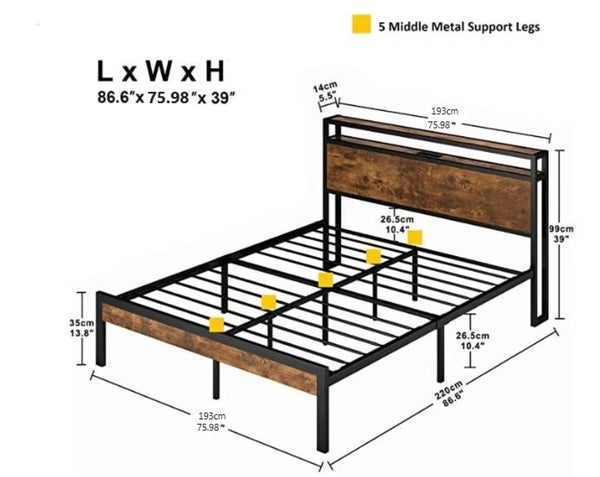 English Elm King Steel Platform Bed Wood Headboard Built-in Usb Outlet Under Storage Modern Frame W311119789