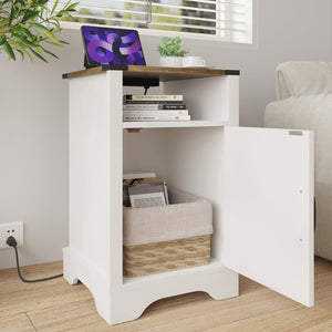English Elm Farmhouse Rustic Nightstand Set of 2 with Built-in Charging Station and Open Display Shelf White+Oak B082134942