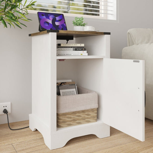 English Elm Farmhouse Rustic Nightstand Set of 2 with Built-in Charging Station and Open Display Shelf White+Oak B082134942