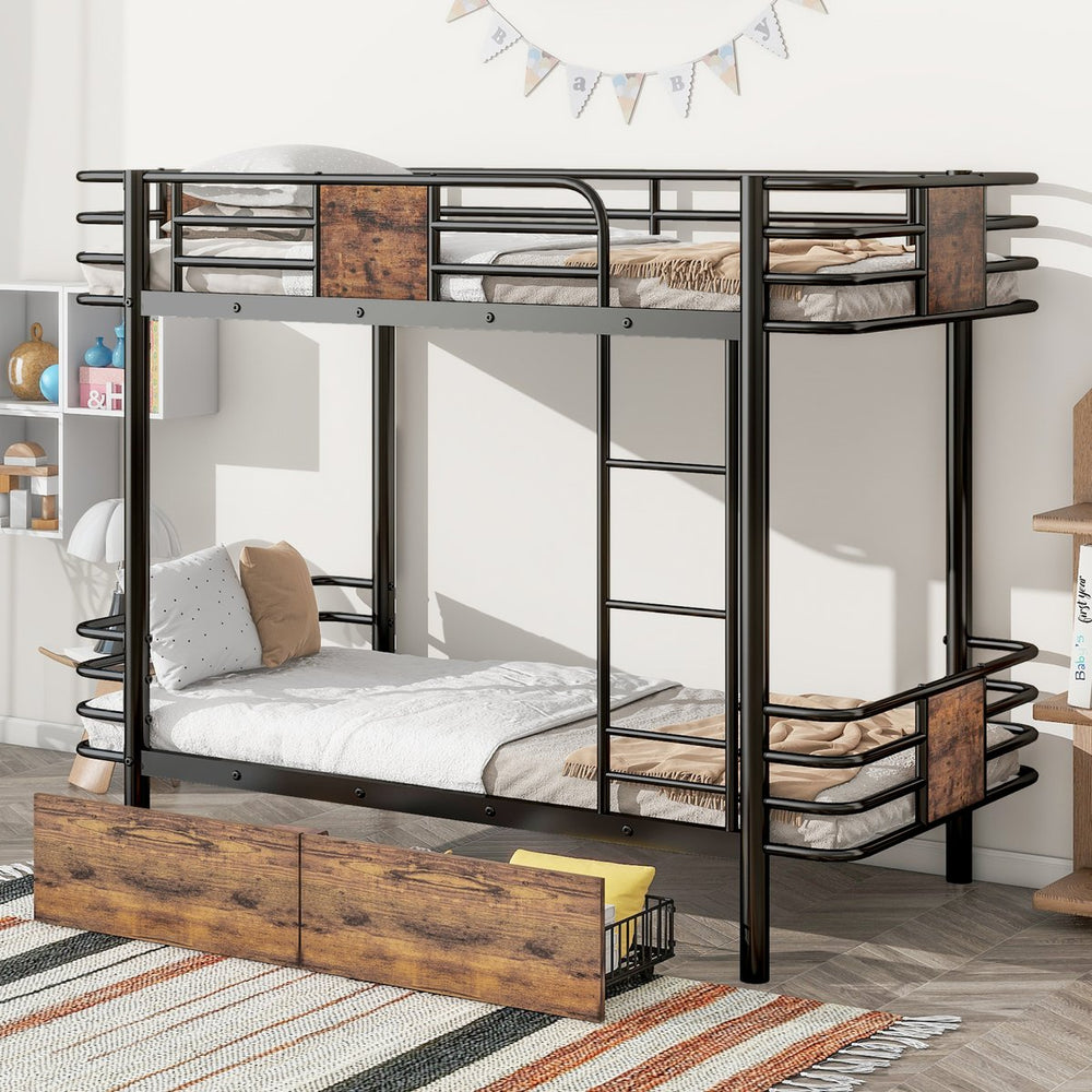 English Elm Twin XL over Twin XL Metal Bunk Bed with Full-Length Guardrails, Sturdy Ladder & Built-In Drawers Black GX001123AAB