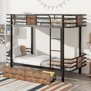 English Elm Twin XL over Twin XL Metal Bunk Bed with Full-Length Guardrails, Sturdy Ladder & Built-In Drawers Black GX001123AAB