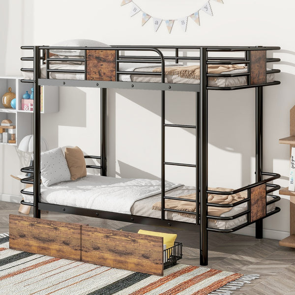 English Elm Twin XL over Twin XL Metal Bunk Bed with Full-Length Guardrails, Sturdy Ladder & Built-In Drawers Black GX001123AAB