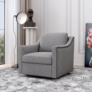 English Elm 360 Swivel Barrel Armchair Cotton Linen Upholstery Brass Nailhead Trim Living Room Grey W2113127543
