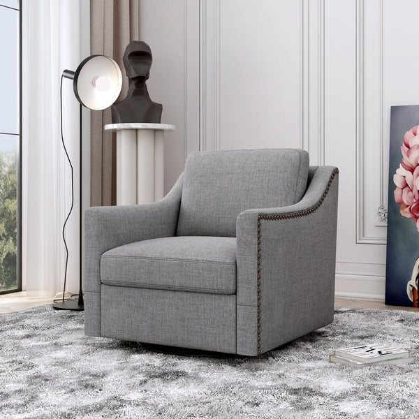 English Elm 360 Swivel Barrel Armchair Cotton Linen Upholstery Brass Nailhead Trim Living Room Grey W2113127543