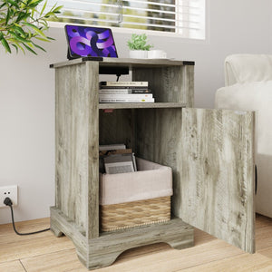 English Elm Farmhouse Rustic Nightstand Set of 2 with Built-in Charging Station and Open Display Shelf Light Grey B082134938