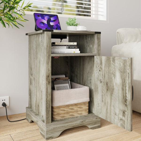English Elm Farmhouse Rustic Nightstand Set of 2 with Built-in Charging Station and Open Display Shelf Light Grey B082134938