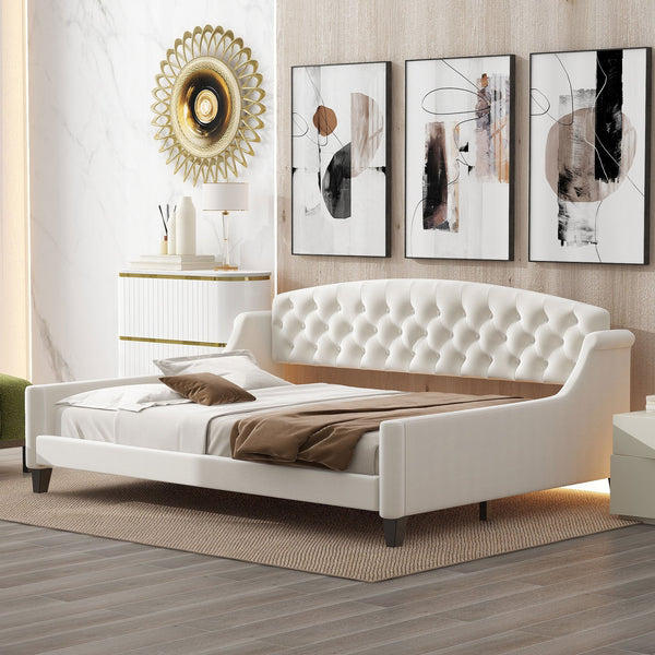 English Elm Modern Luxury Tufted Button Daybed Full Size Upholstered Wingback with Deep Tufting and Piped Edges Beige GX001009AAA-1