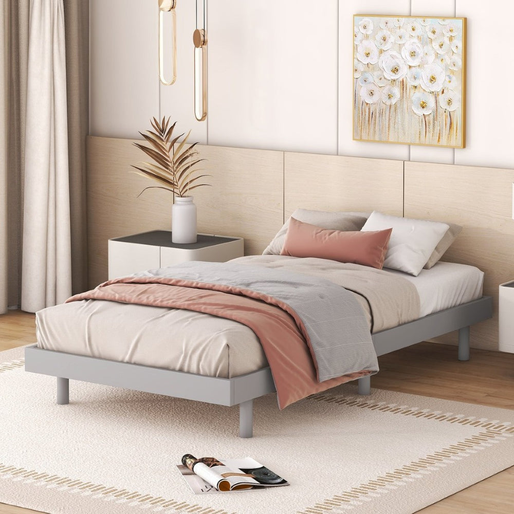 English Elm Modern Floating Twin Platform Bed Rubberwood Legs Low Profile Minimalist Frame Grey W697123289