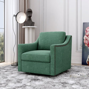 English Elm 360 Swivel Barrel Armchair Cotton Linen Upholstery Brass Nailhead Trim Living Room W2113127462