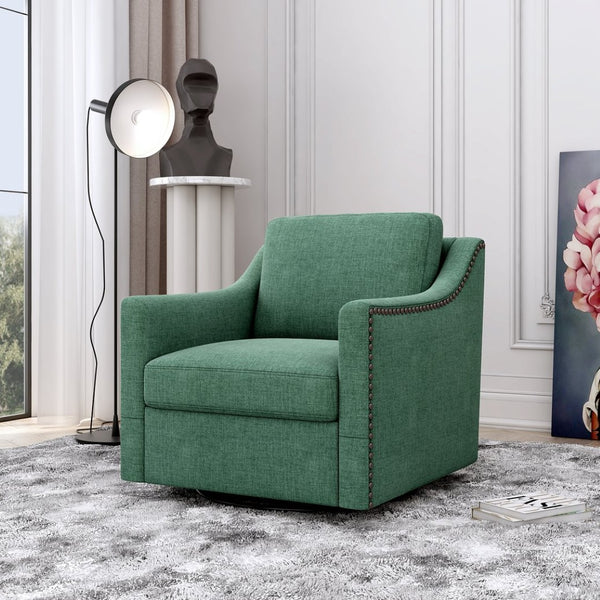 English Elm 360 Swivel Barrel Armchair Cotton Linen Upholstery Brass Nailhead Trim Living Room W2113127462