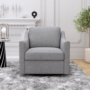English Elm 360 Swivel Barrel Armchair Cotton Linen Upholstery Brass Nailhead Trim Living Room Grey W2113127543
