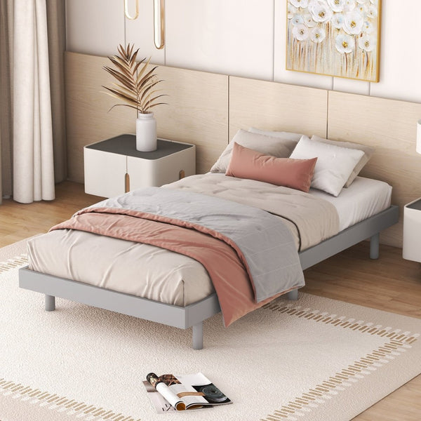 English Elm Modern Floating Twin Platform Bed Rubberwood Legs Low Profile Minimalist Frame Grey W697123289