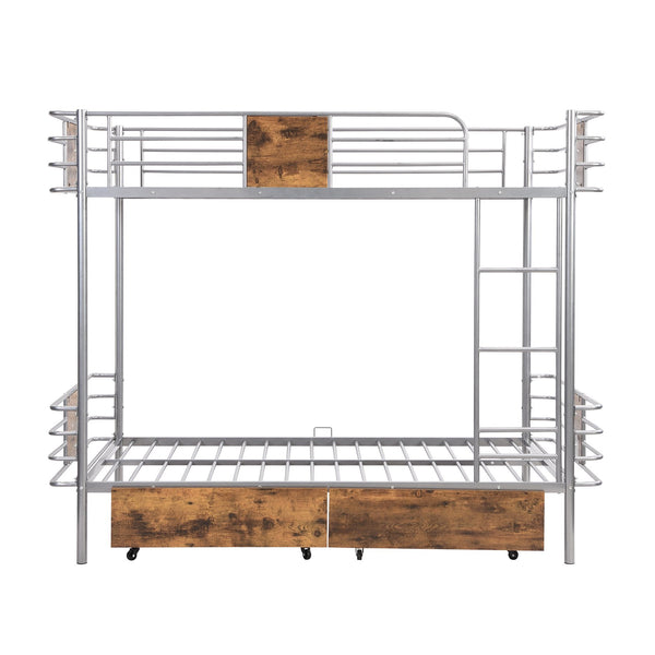English Elm Twin XL over Twin XL Metal Bunk Bed with Full-Length Guardrails, Sturdy Ladder & Built-In Drawers Silver GX001123AAN