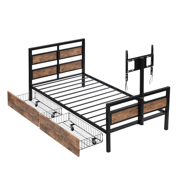 English Elm Twin Twin Size Metal Platform Bed with MDF Headboard, 2 Underbed Storage Drawers & Rotating TV Mount, Black - Low-Profile Modern Design WF309871AAB