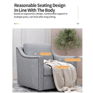 English Elm 360 Swivel Barrel Armchair Cotton Linen Upholstery Brass Nailhead Trim Living Room Grey W2113127543