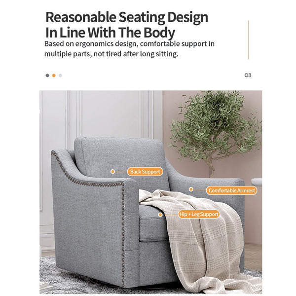 English Elm 360 Swivel Barrel Armchair Cotton Linen Upholstery Brass Nailhead Trim Living Room Grey W2113127543